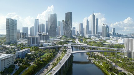 Fototapeta premium Merging Elevated City Lines Amidst Modern Architectural Landscape