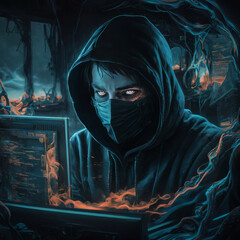 A zombie hacker sitting behind a monitor, wearing a hood and a dark mask hiding the lower part of his face. The surrounding interior melts in fire and smoke.