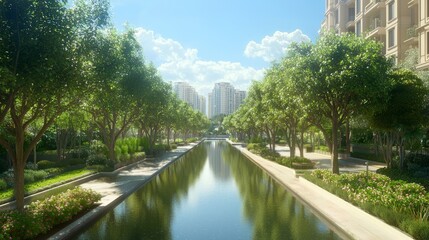 Fototapeta premium Lush Green Canal Surrounded by Trees and Urban Landscape