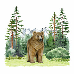 Brown bear in coniferous forest landscape watercolor vintage style illustration. Hand drawn grizzly in wild nature scene. Brown bear forest animal in woodland landscape with mountain range background © anitapol