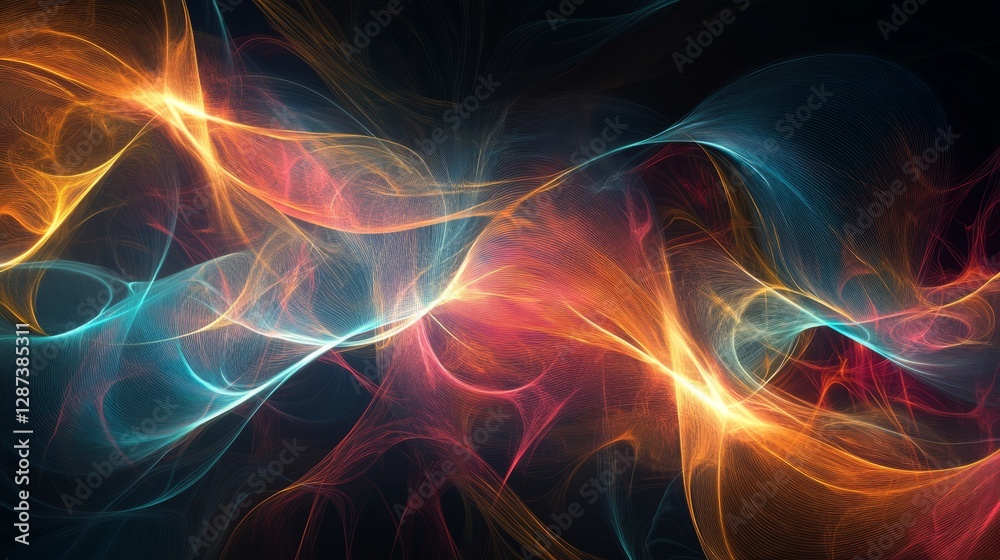 Poster futuristic abstract background with vibrant glowing lines creating dynamic geometric shapes, showcas