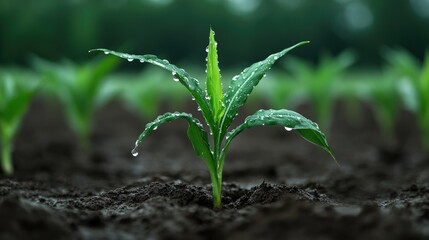 Fresh Green Seedling with Dew Drops Emerging from Rich Soil in Lush Agricultural Field