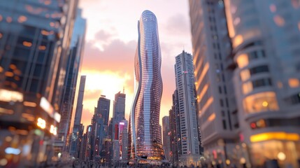 Fototapeta premium Pixelated Skyscraper at Sunset in a Bustling City