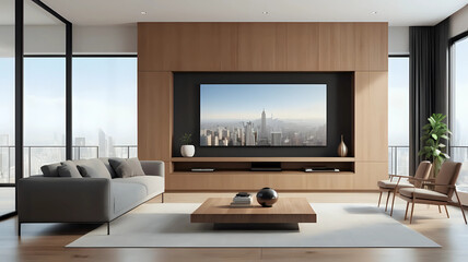 Fototapeta premium A modern living room features a wall-mounted TV on wooden paneling, with a sleek, floating console beneath. Large windows offer a city view and natural light