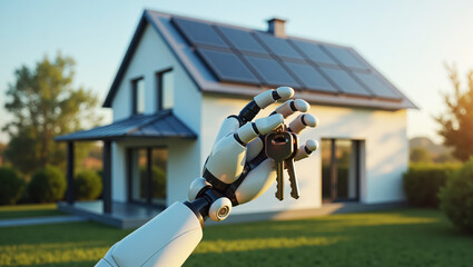 A close-up of a robotic arm holding the keys to a new property against the backdrop of a modern smart home with solar panels on the roof