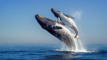 Whale and calf breaching together ocean waters wildlife photography marine environment underwater...