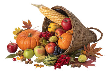 A cornucopia overflowing with autumn fruits and vegetables isolated on transparent background