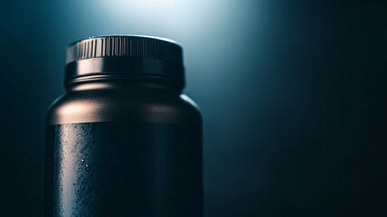 well lit close up of dark protein supplement bottle, showcasing its sleek design and texture