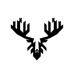 Geometric Deer Design: A stylized black and white animal head with angular shapes forming the antlers and face.