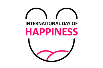 Happiness Day vector art with a minimalist smiling symbol merged with the 'International Day of Happiness' title on a white backdrop. Happiness concepts.