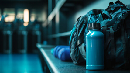 shaker bottle and gym bag in locker room setting, ready for workout