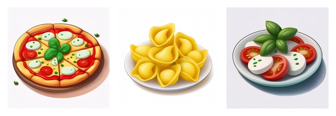 Three Italian dishes are shown: pizza with basil, tortellini pasta, and caprese salad with tomatoes and mozzarella.