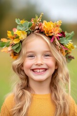 Fototapeta premium Joyful Child with Autumn Flower Crown Smiling Outdoors in Golden Light