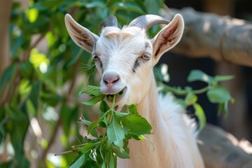 Clear Pixel Visual of Closeup of Goat Eating Leaves of Plant