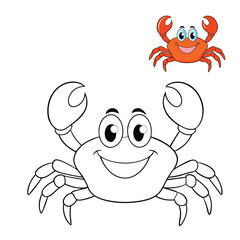 This coloring page features a cheerful cartoon crab with big, friendly eyes and a wide smile. Its claws are raised playfully, surrounded by beach elements like seashells and waves.