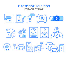 Electric vehicle line icon set. Containing an electric car, charging station, battery, EV charging, e-car, and power. EV Icons collection. Line vector illustration.