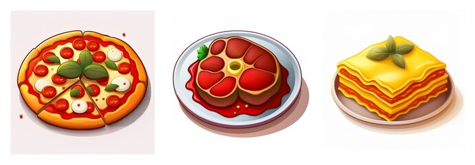 Three plates of food: a round pizza with tomatoes and basil, meat cutlets in red sauce, and lasagna with basil on top.