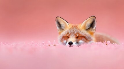 Serene Fox Resting Among Blush Pink Flowers in Tranquil Nature Scene