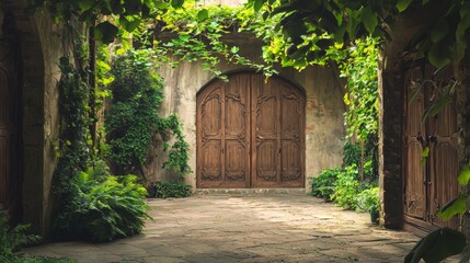 Secret Courtyard Garden with Lush Greenery and Wooden Doors