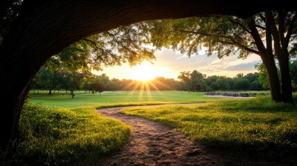 Serene Sunset on a Park Trail with Lush Greenery and Sunrays Through Trees