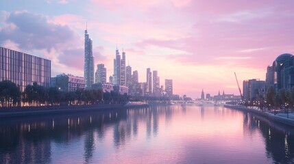Naklejka premium Scenic Riverside Promenade at Sunset with City Skyline Reflections