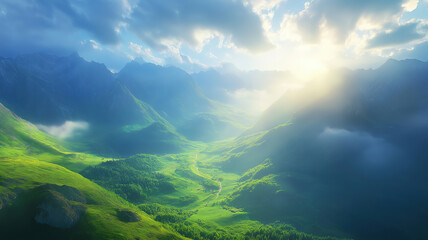 Obraz premium Stunning mountain panorama at dawn showcasing wild nature in its untouched glory