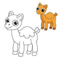 A fun coloring page featuring a cute cartoon camel with big, friendly eyes and a cheerful smile. Perfect for kids to color and enjoy!