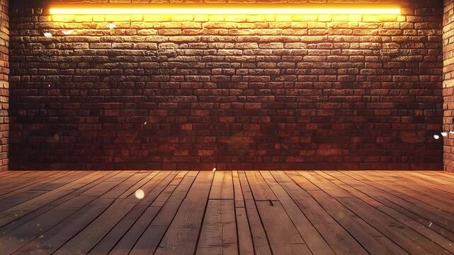 empty brick wall room with wooden planks floor seamless looping overlay 4k virtual video animation background