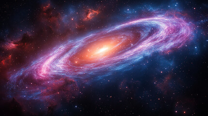 Stunning galactic spiral with pink and blue nebulae in the universe.