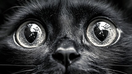 Intense monochrome portrait of a black cat with wide eyes conveying alertness and curiosity in a close up shot capturing feline emotion