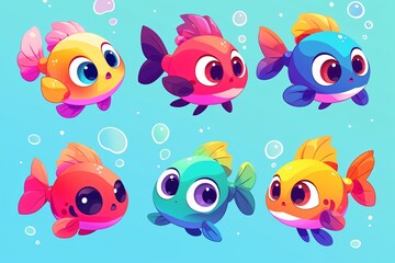 Naklejka premium Cute colorful cartoon fish collection with big eyes swimming in blue water with bubbles. Children illustration for kids books, animation, mobile game characters design