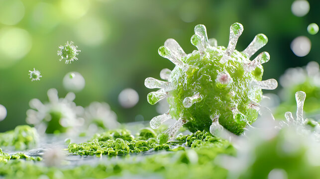 Microscopic virus on green surface, nature background, medical illustration