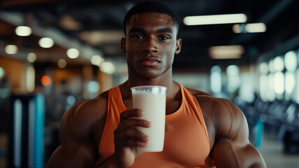 gym goer holding protein shake, showcasing strength and focus