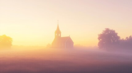 Fototapeta premium Misty Sunrise Over Farm Landscape with Church Steeple in View