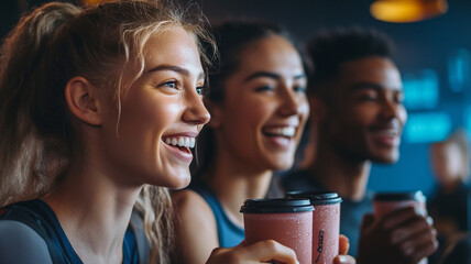 group of gym goers enjoying smoothies and laughing together