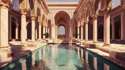 Moorish Inspired Palace Courtyard with Serene Water Reflection