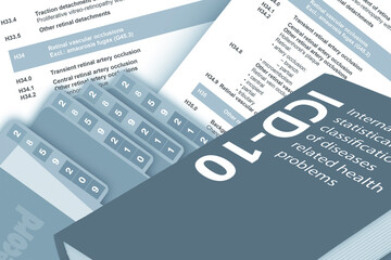 Medical record floder, document and desease classification code book for background.