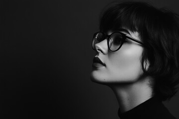 Fototapeta premium Woman wearing glasses looking upwards in a black and white portrait