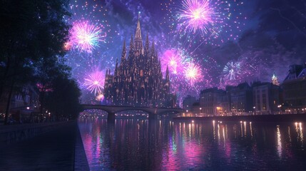 Obraz premium Colorful Festival Night Filled with Swirling Fireworks Over Water