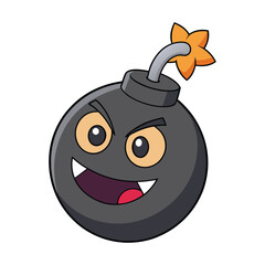 A cartoon evil bomb with glowing red eyes, a sinister grin, and a lit fuse, ready to explode. Its dark metallic body radiates mischief and danger, oozing villainous energy.