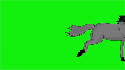 2D animation of a gray horse galloping across a bright green screen background. The animated footage shows the horse's graceful movements, powerful strides, and muscular body shape.