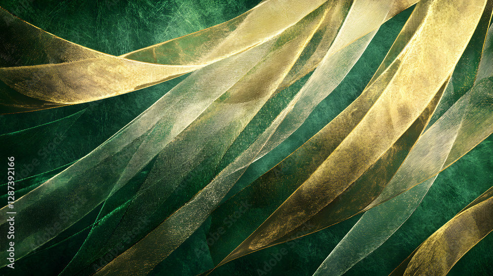 Poster close up of a textured green and gold background with intricate patterns and variations in color and