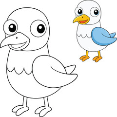 A goofy cartoon gull with big eyes, a wide beak, and silly expressions. It waddles clumsily, flaps excitedly, and loves snatching snacks with a mischievous grin!