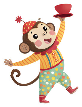 Playful circus monkey entertaining audience colorful graphic fun isolated on transparent background