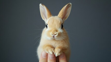 Obraz premium Cute baby rabbit being held by fingers against a soft grey background, displaying calmness and adorability. Animal portrait and cuteness overload concept