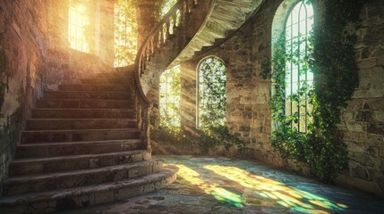 Obraz premium Elegant Spiral Staircase in a Sunlit Vintage Interior Space