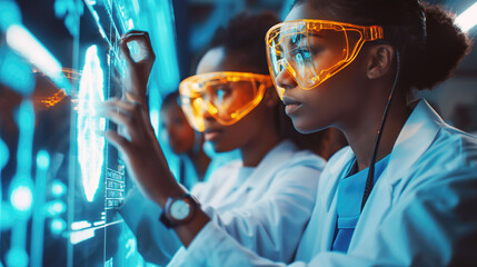 Diverse group of women scientists collaborating on holographic interface in research facility