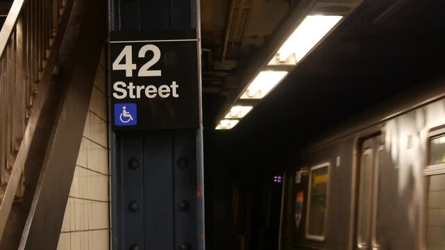 New York City subway station interior, underground metropolitan platform sign. Metro railway passenger train, public transport, United States. Text signboard 42 st. Grand Central Terminal, Manhattan.