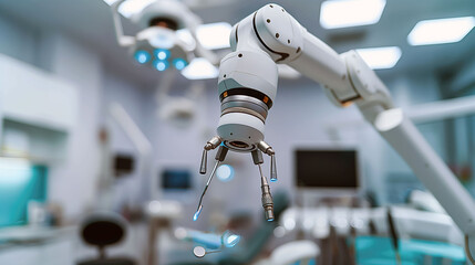 Robotic arm assisting dental procedure in a modern clinic with precision tools available