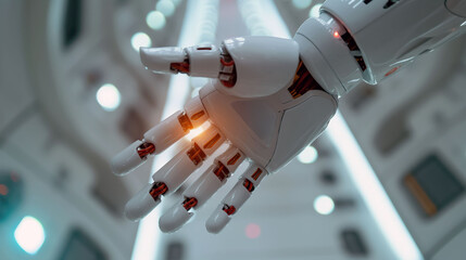 Robotic hand scans microchip implanted in human wrist in a sterile medical environment illuminated by soft light